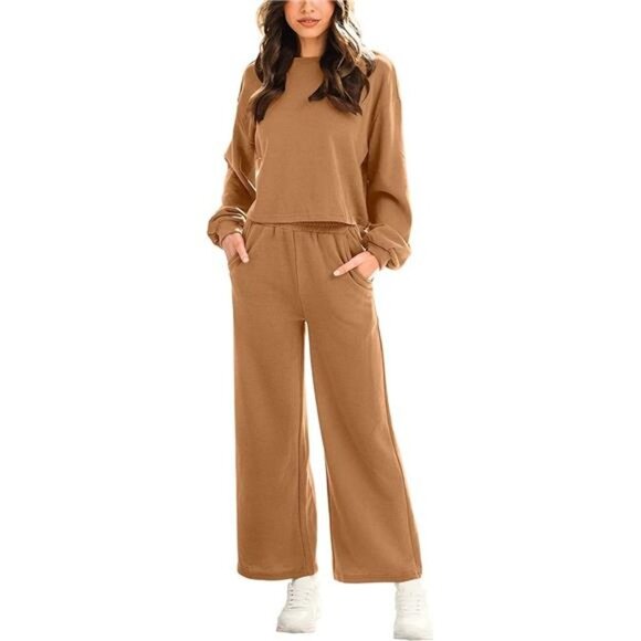 Women's Two Piece Outfits Long Sleeve Crop Top Wide Leg Pants Set